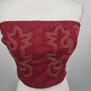 Lucky And Blessed Red Faux Suede Strapless Embroidered Top Small
